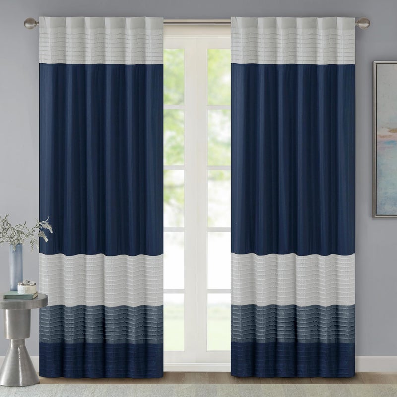 Madison Park Window Curtain Single Panel Faux Silk, Elegant Pleats, Rod Pocket Curtains for Living Room Privacy, Room Darkening Window Curtain for Bedroom and Dorm, Amherst, 84"L x 50"W, Navy - Image 1